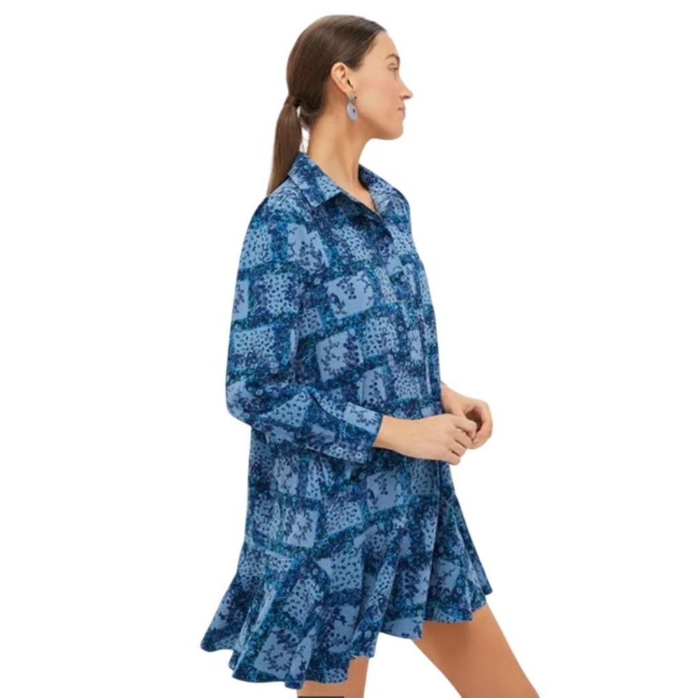 Tuckernuck Blue Patchwork Floral Ruffle Hem Shirt Dress Long Sleeve Size XS